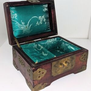 Elegant Wooden Jewelry Box with Jade Inlay And Teal Interior